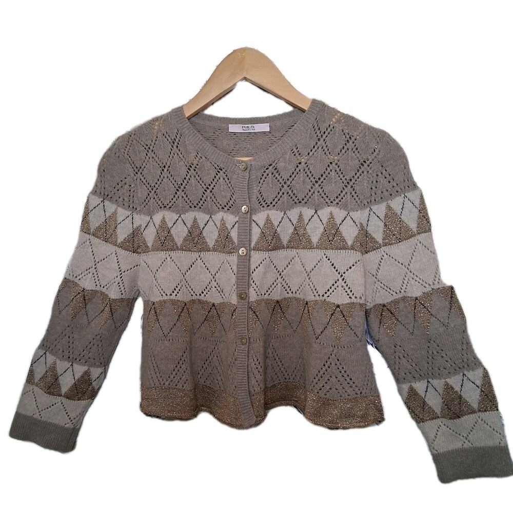 Red Valentino Brown Gold Lose Knit Cardigan Wool Blend Size Xs Cropped